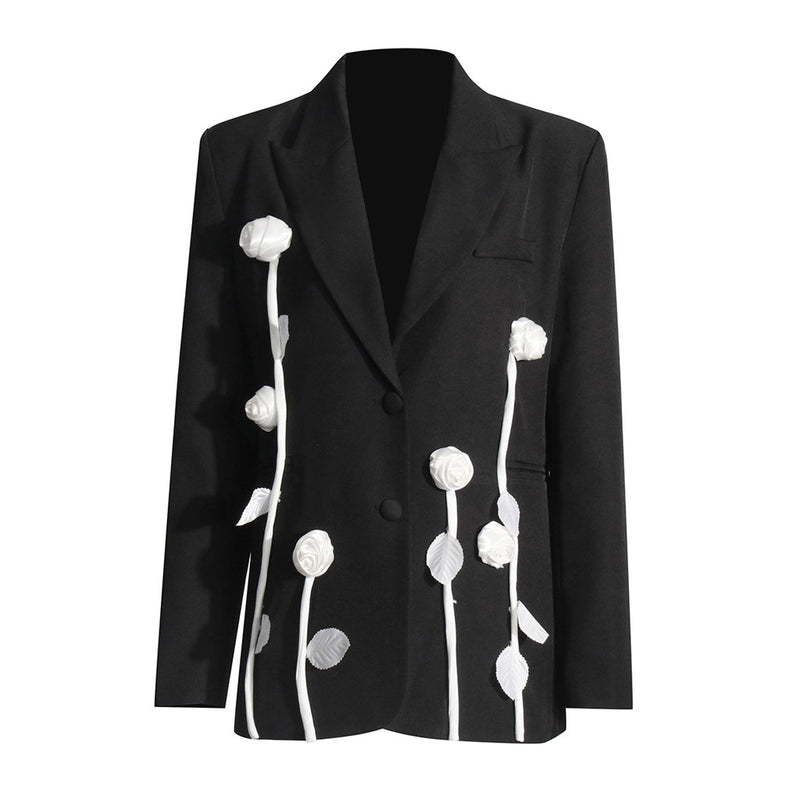 Retro Contrast Rosette Lapel Collar Button Up Long Sleeve Oversized Blazer