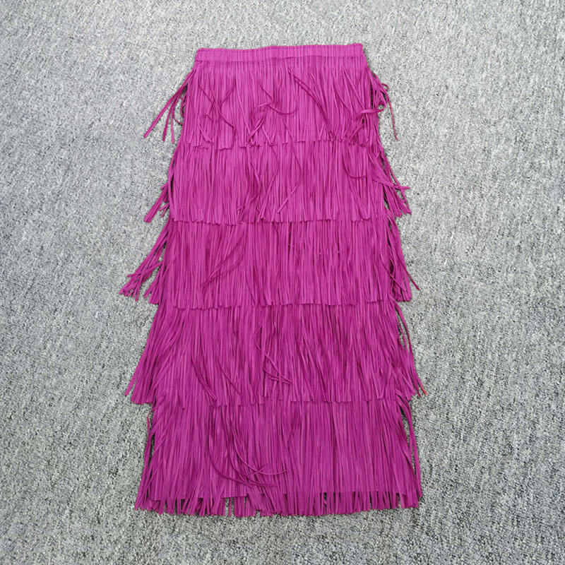 Retro Gatsby Solid Color High Waist Layered Tassel Pleated Midi Skirt