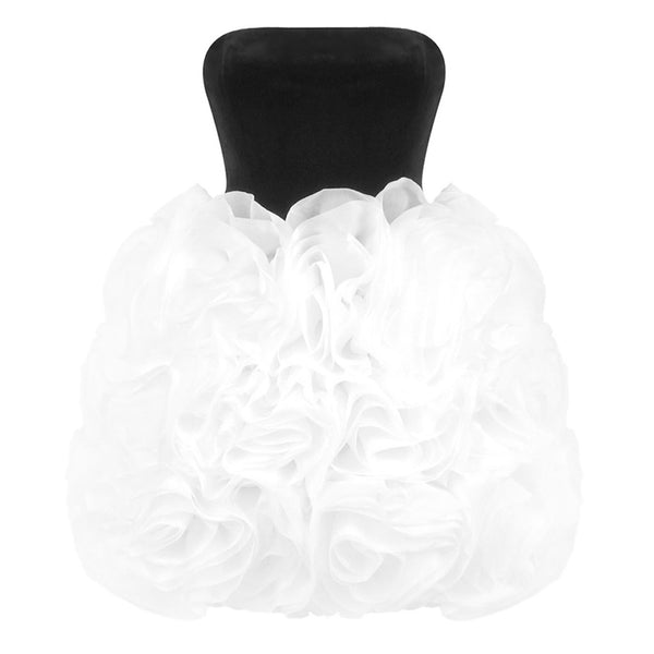 Retro Strapless Velvet Corset Chiffon 3D Flower Bubble Hem Mini Party Dress