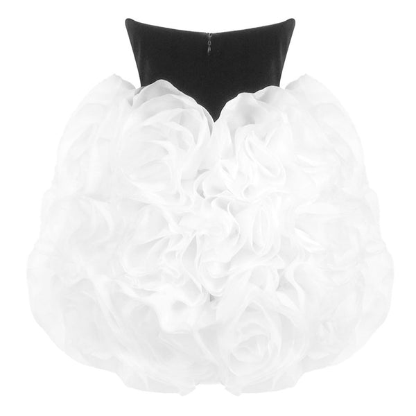 Retro Strapless Velvet Corset Chiffon 3D Flower Bubble Hem Mini Party Dress