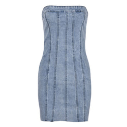 Retro Style Washed Strapless Raw Trim Summer Bodycon Mini Denim Dress