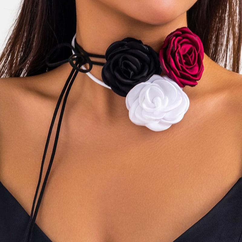 Retro Trio Silky Satin Rosette Mixed Color Tie Wrap Choker Necklaces