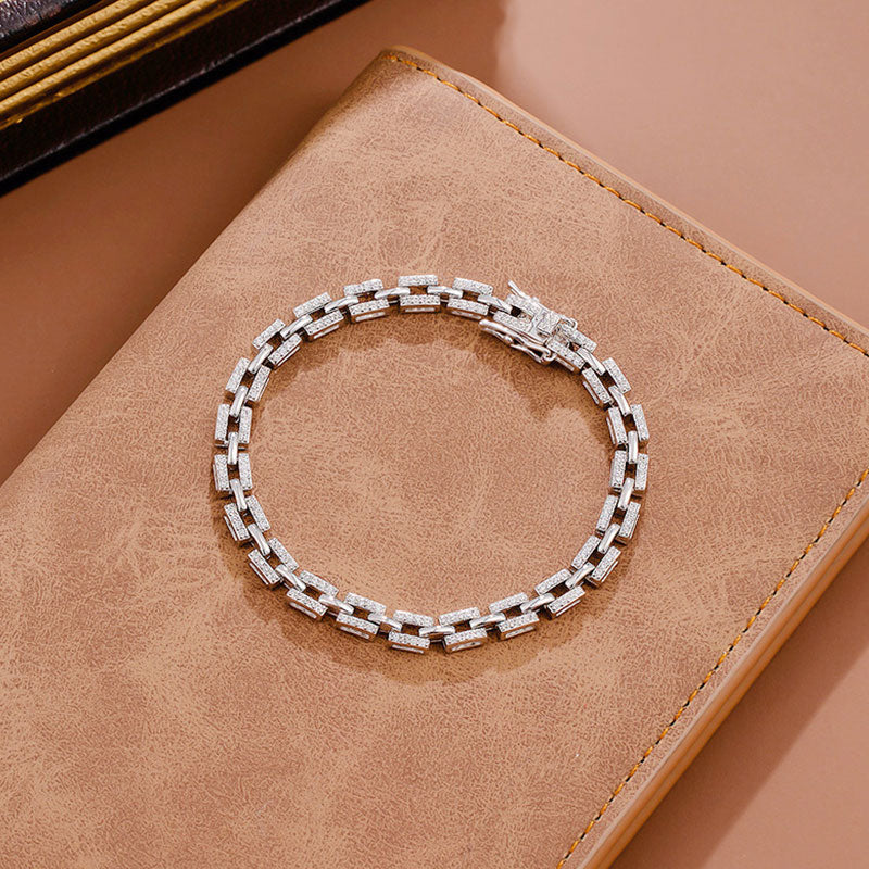 Rhodium Plated Sterling Silver Moissanite Paved Tank Chain Bracelet