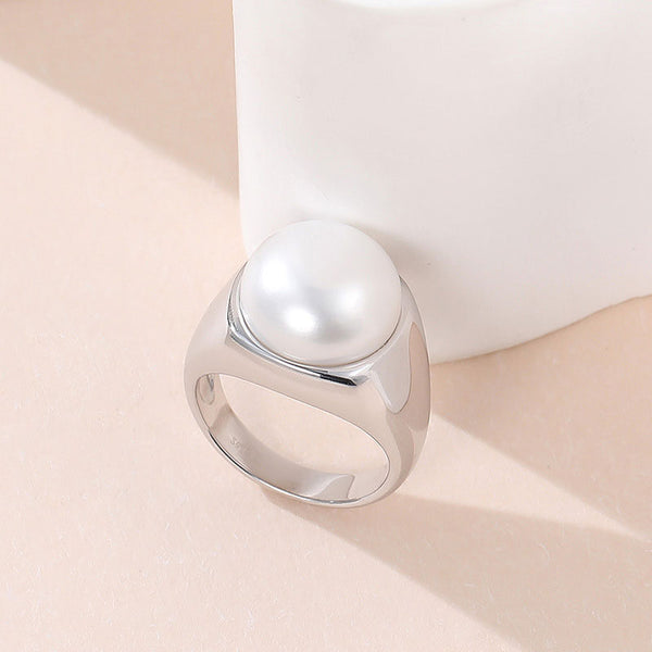 Rhodium Plated Sterling Silver Sphere Freshwater Pearl Dome Ring