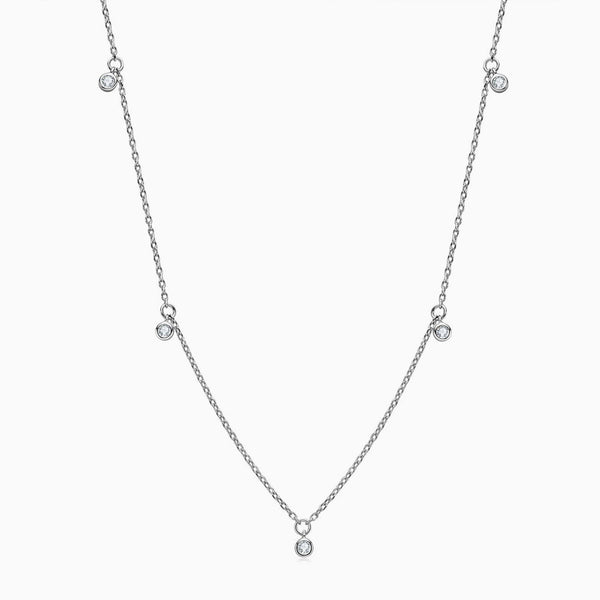 Rolo Chain Rhodium Plated Sterling Silver Dangle Moissanite Droplet Station Necklace