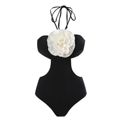 Romantic Bicolor Rose Cutout Halter Bandeau Monokini One Piece Swimsuit