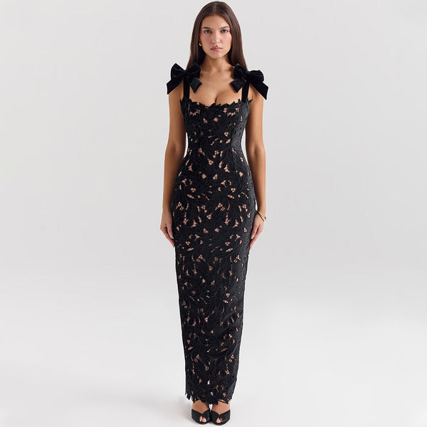 Romantic Bow Trim Sleeveless Bodycon Guipure Lace Maxi Dress
