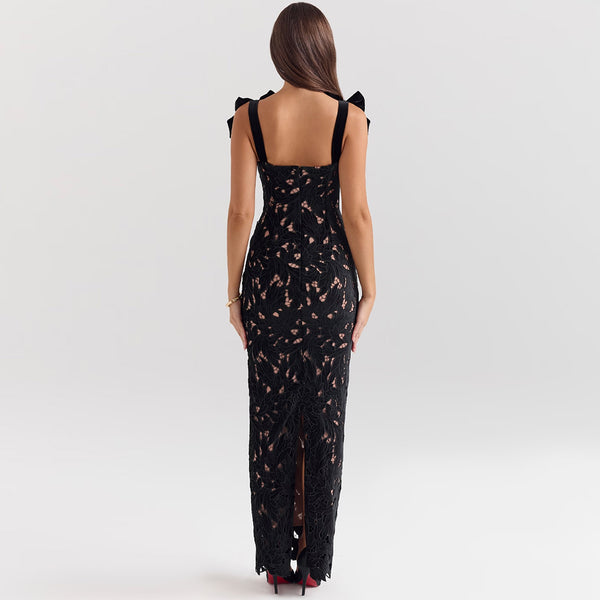 Romantic Bow Trim Sleeveless Bodycon Guipure Lace Maxi Dress
