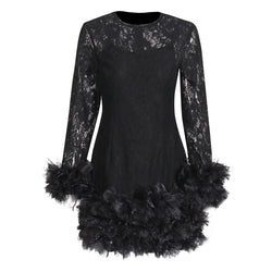 Romantic Crew Neck Layered Petal Trim Long Sleeve Sheer Lace Mini Dress