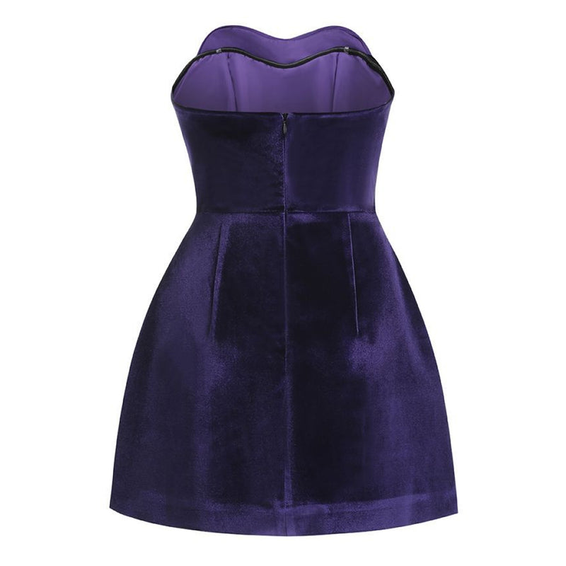 Romantic Embellished Heart Strapless Drop Waist Velvet Mini Party Dress