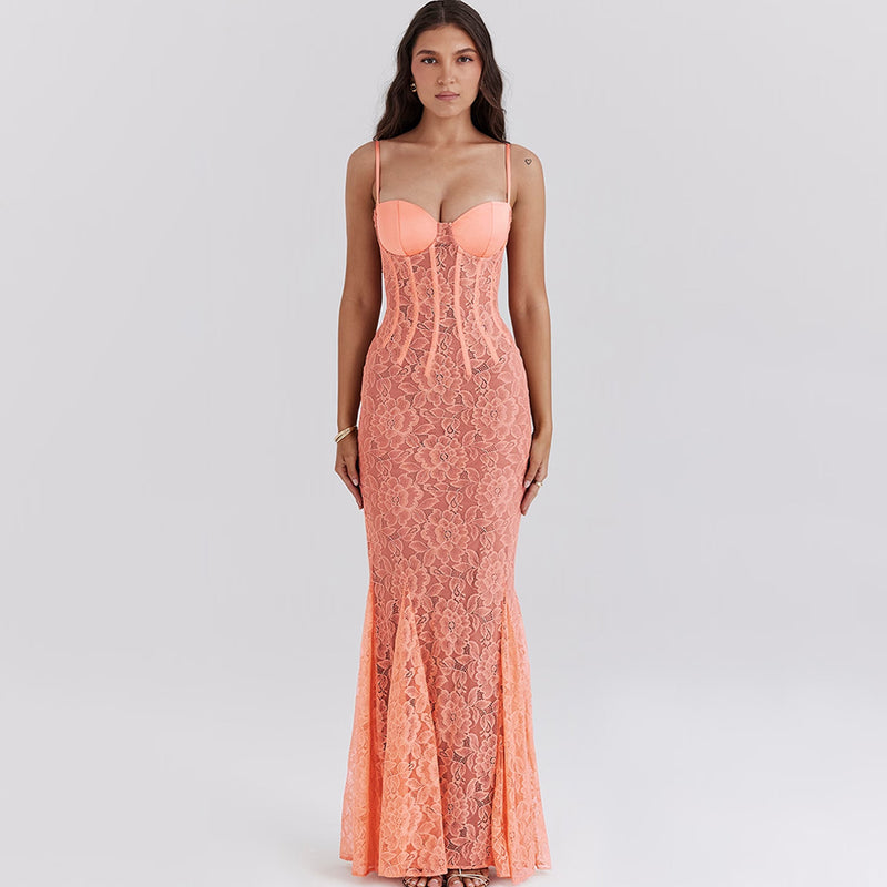 Romantic Floral Lace Bustier Spaghetti Strap Bodycon Godet Fishtail Maxi Dress