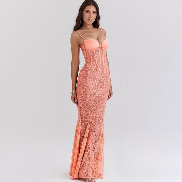 Romantic Floral Lace Bustier Spaghetti Strap Bodycon Godet Fishtail Maxi Dress