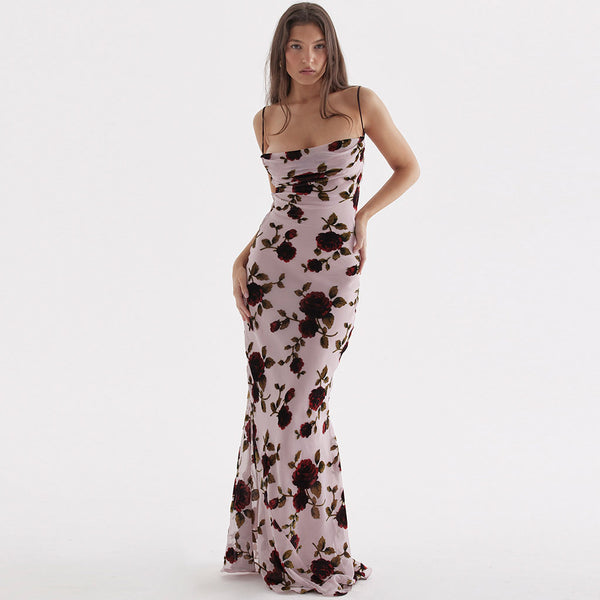 Romantic Floral Print Cowl Neck Cami Lace Up Open Back Maxi Dress