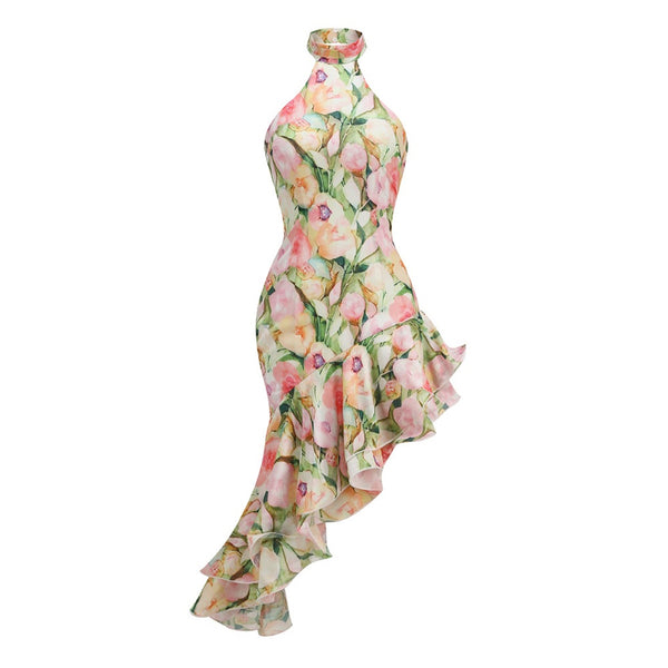 Romantic Floral Print Halter High Neck Asymmetrical Tiered Ruffle Dress