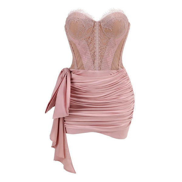 Romantic Lace Panel Strapless Draped Bow Ruched Micro Mini Corset Dress