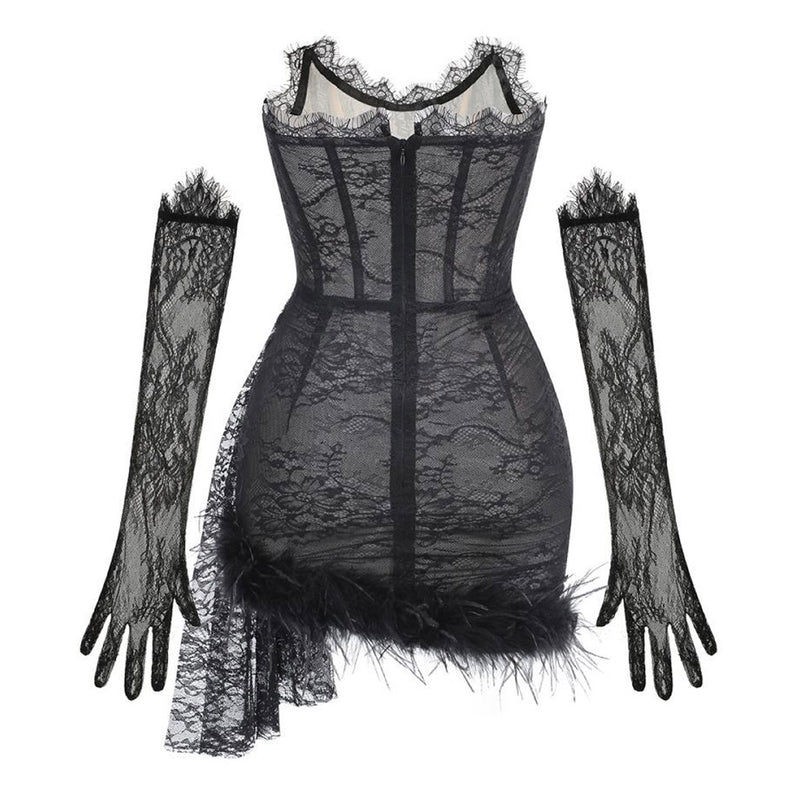 Romantic Lace Strapless Corset Drop Waist Draped Faux Feather Trim Mini Dress