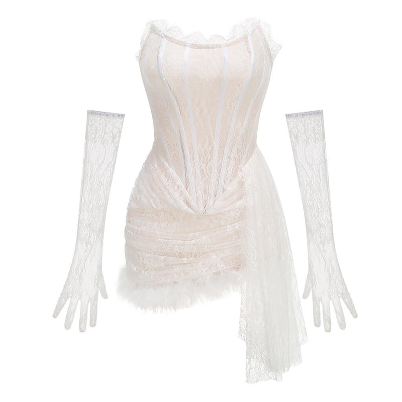 Romantic Lace Strapless Corset Drop Waist Draped Faux Feather Trim Mini Dress