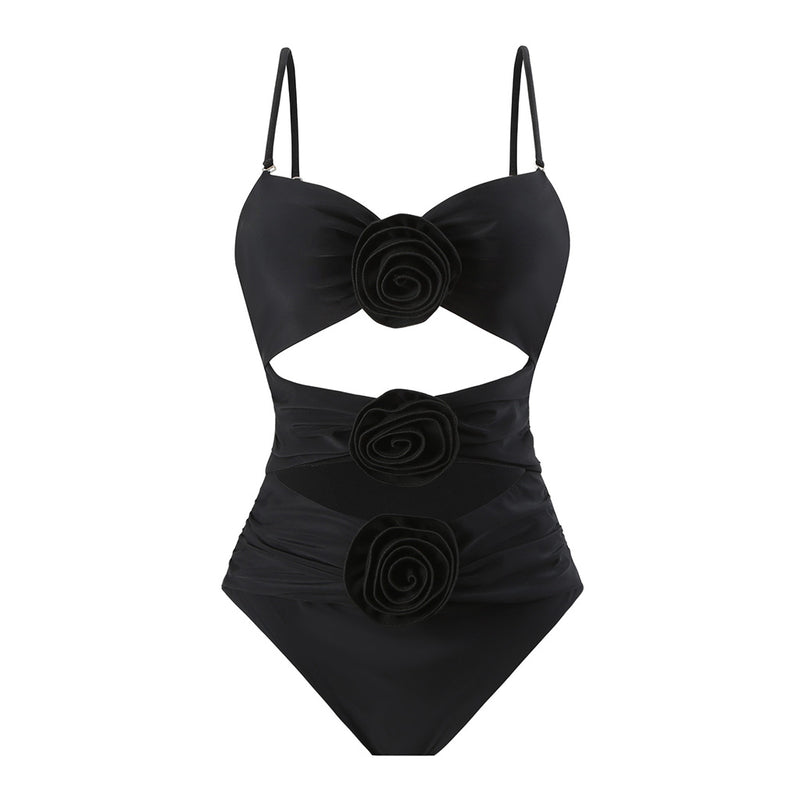 Romantic Rosette Applique Ruched Cutout Cami Bandeau One Piece Swimsuit