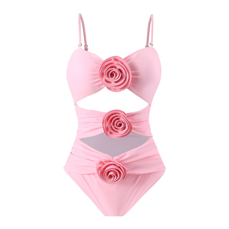 Romantic Rosette Applique Ruched Cutout Cami Bandeau One Piece Swimsuit