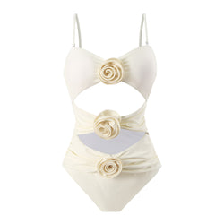 Romantic Rosette Applique Ruched Cutout Cami Bandeau One Piece Swimsuit