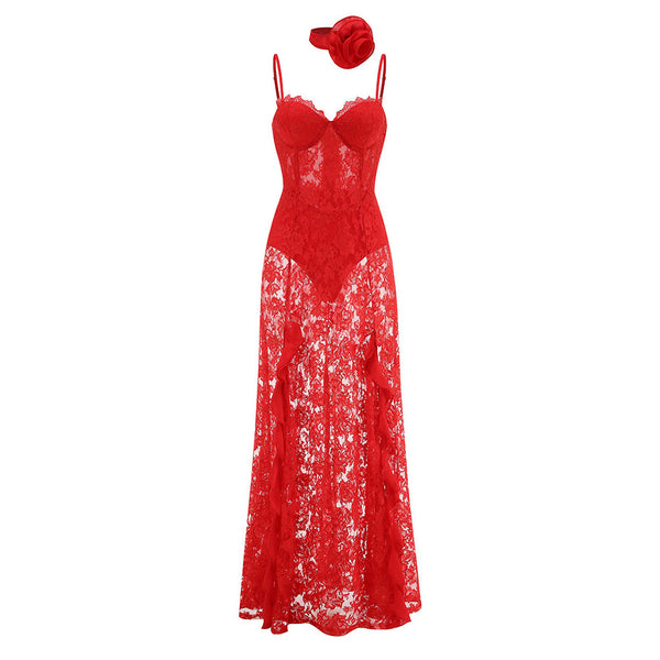 Romantic Rosette Scarf Eyelash Bustier Ruffle Sheer Lace Slip Maxi Dress