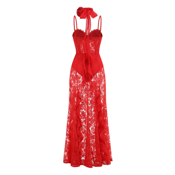 Romantic Rosette Scarf Eyelash Bustier Ruffle Sheer Lace Slip Maxi Dress