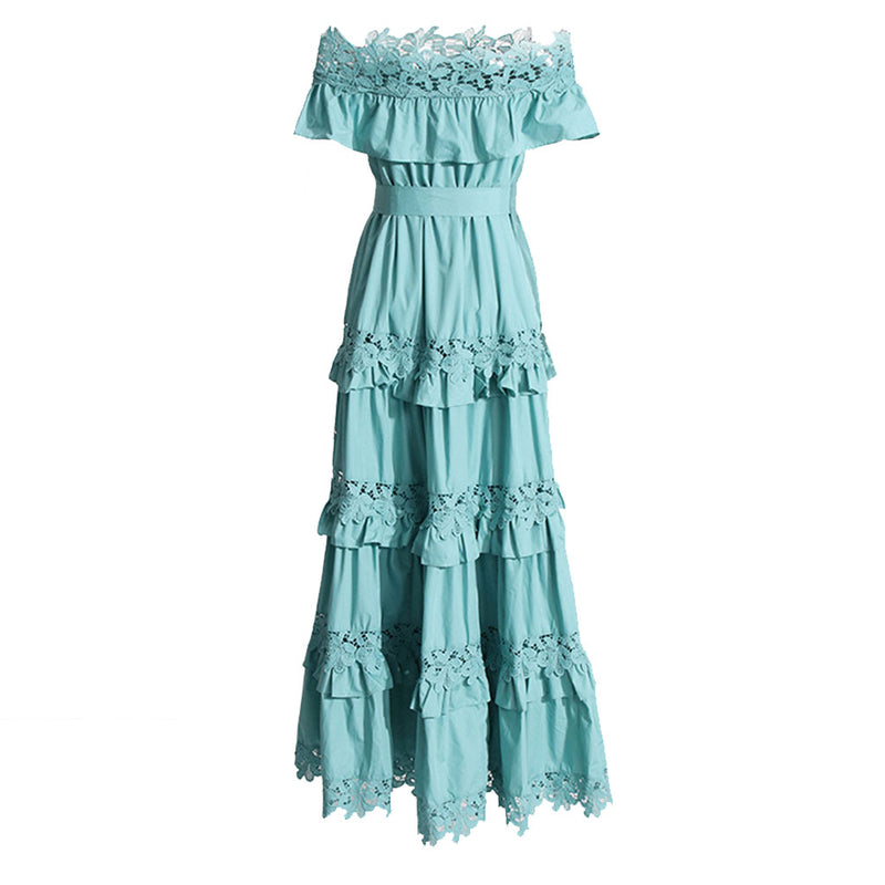 Romantic Ruffle Off Shoulder Tie Waist Guipure Lace Tiered Maxi Dress