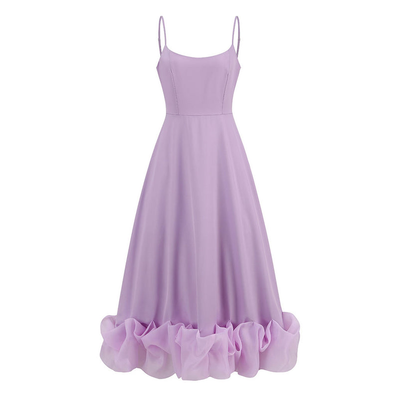 Romantic Scoop Neck Spaghetti Strap Fit and Flare Organza Ruffled Midi Sundress