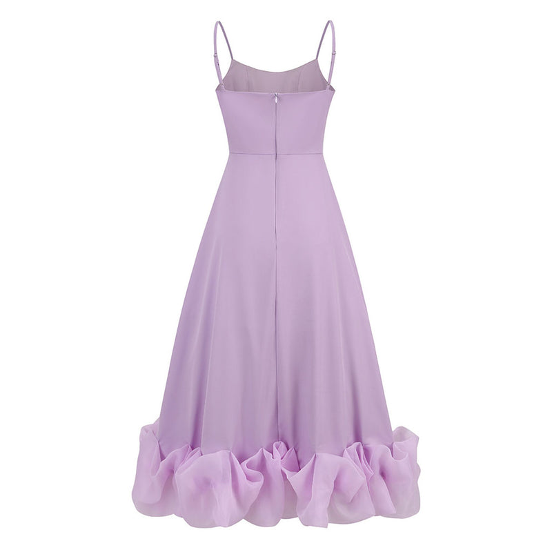 Romantic Scoop Neck Spaghetti Strap Fit and Flare Organza Ruffled Midi Sundress