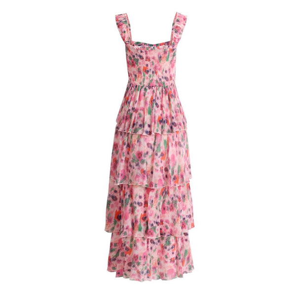 Romantic Square Neck Layered Ruffle Floral Print Midi Smocked Sundress