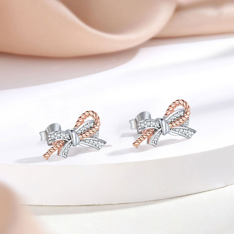 Rose Gold Plated Pavé Cubic Zirconia Twist Rope Bow Sterling Silver Jewelry Set