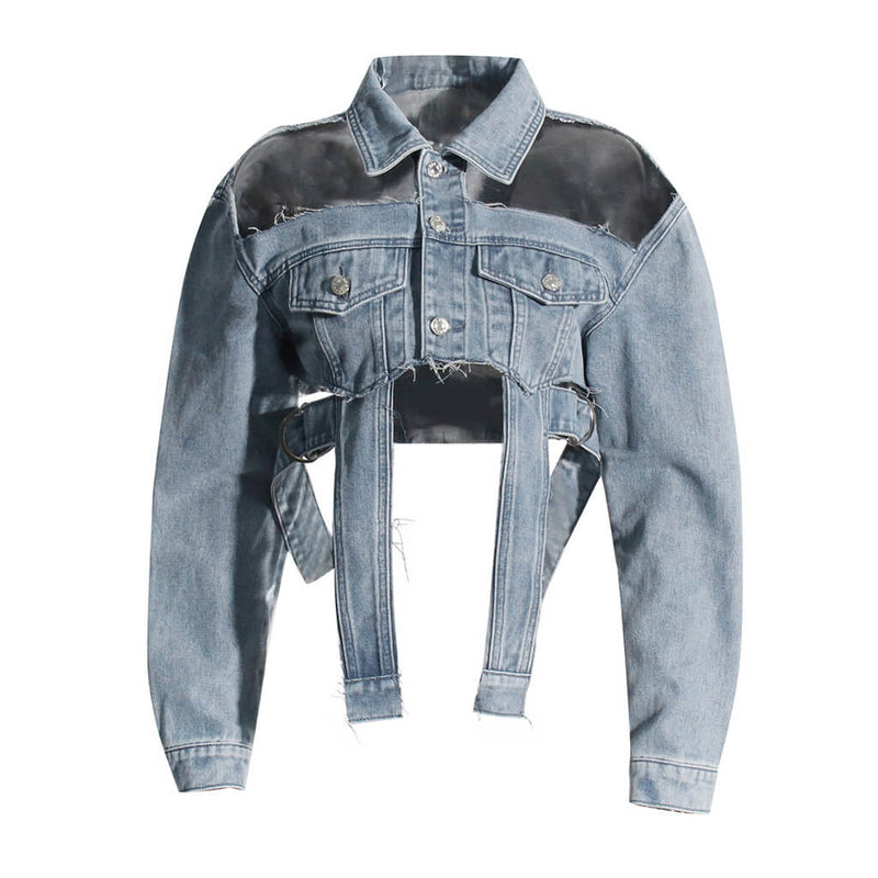 Sassy Cutout Raw Trim Collared Button Down Belted Side Crop Denim Jacket