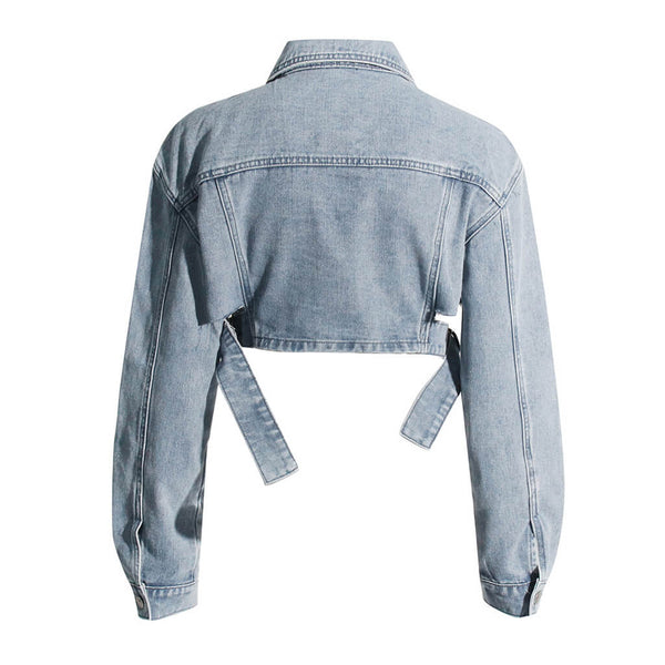 Sassy Cutout Raw Trim Collared Button Down Belted Side Crop Denim Jacket