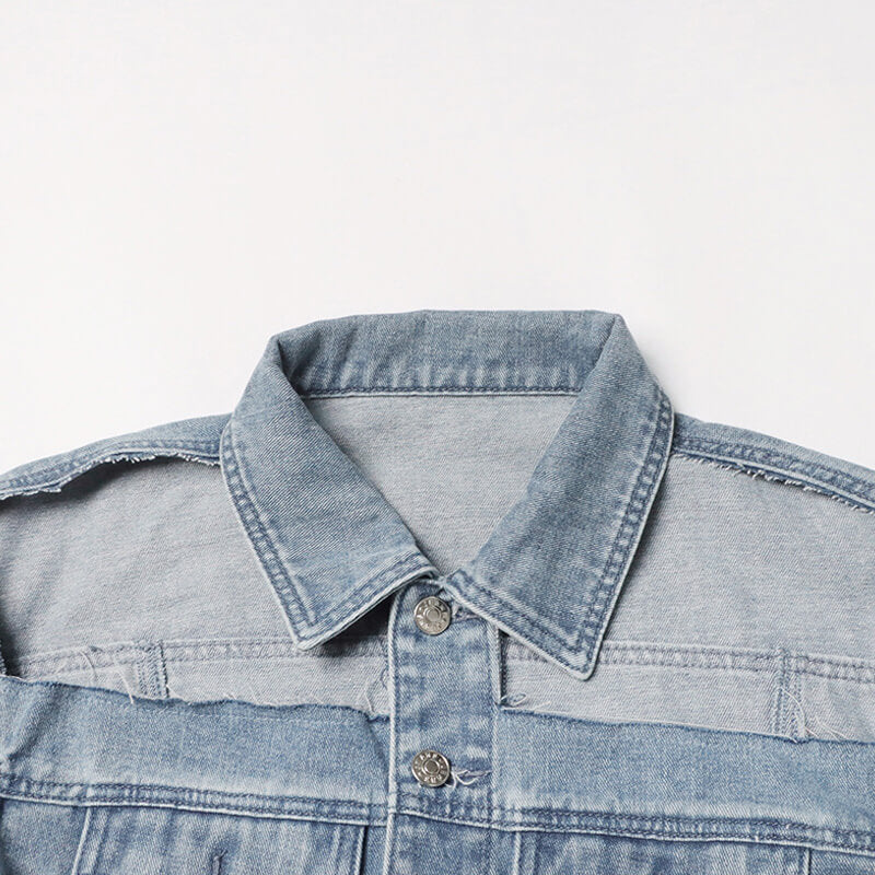 Sassy Cutout Raw Trim Collared Button Down Belted Side Crop Denim Jacket