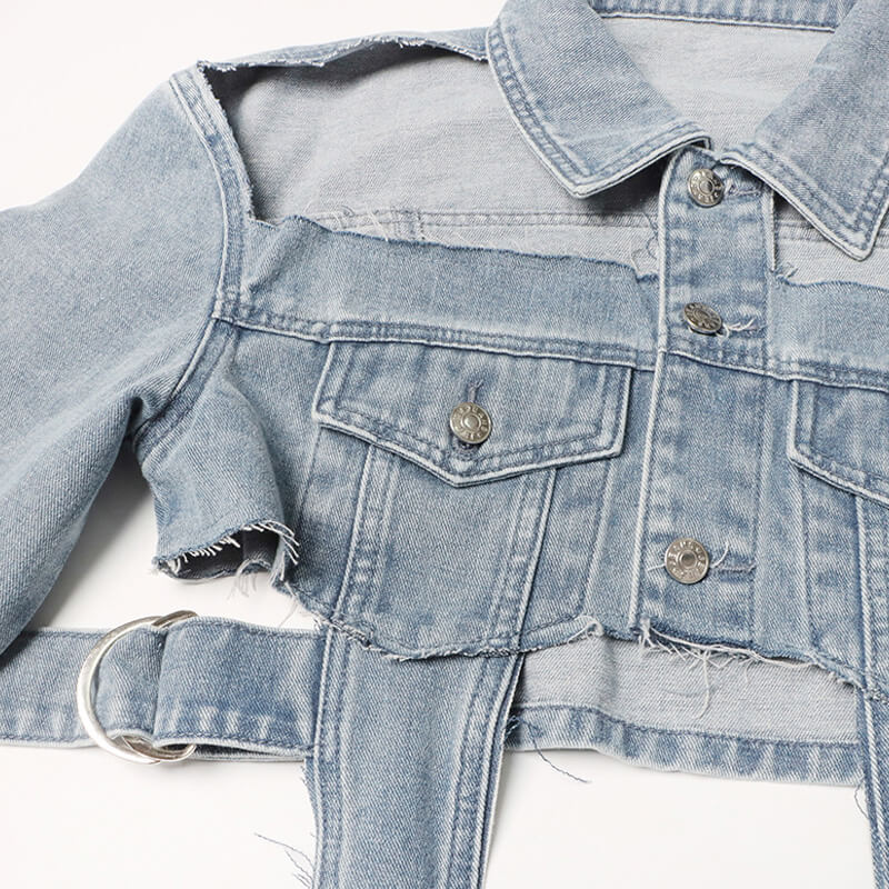 Sassy Cutout Raw Trim Collared Button Down Belted Side Crop Denim Jacket