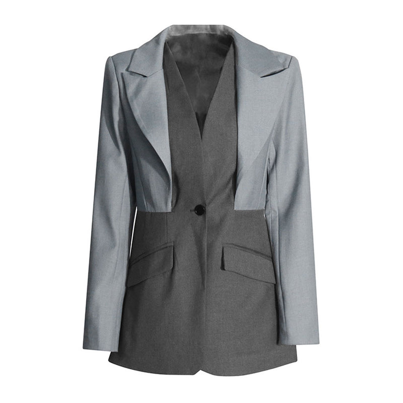 Sculptural Layered Collar Long Sleeve Two Tone One Button Tailored Blazer