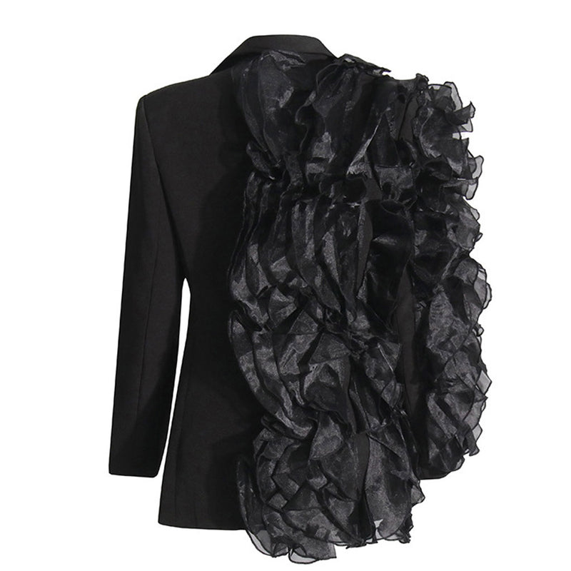 Sculptural Layered Ruffle Lapel Long Sleeve One Button Cinch Waist Blazer