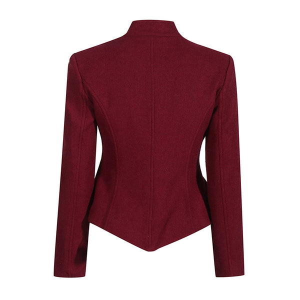 Sculptural Stand Collar Button Down Long Sleeve Cinch Waist Peplum Blazer