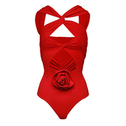 Sexy 3D Rosette Ruched Brazilian Cheeky Cutout Twist V Neck One Piece Swimsuit