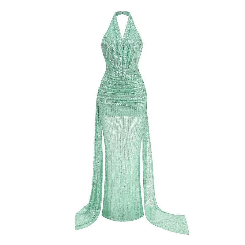 Sexy Backless Plunge Halter Ruched Draped Sequin Maxi Formal Dress