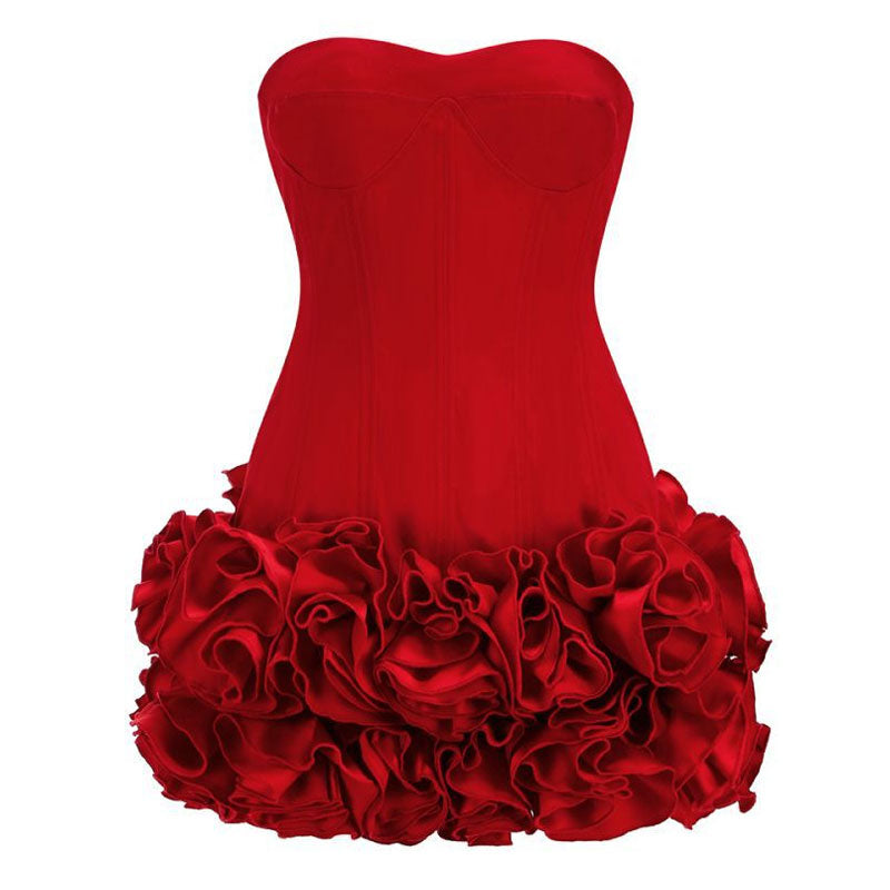 Sexy Balconette Strapless Lace Up Corset Drop Waist Rosette Micro Mini Dress