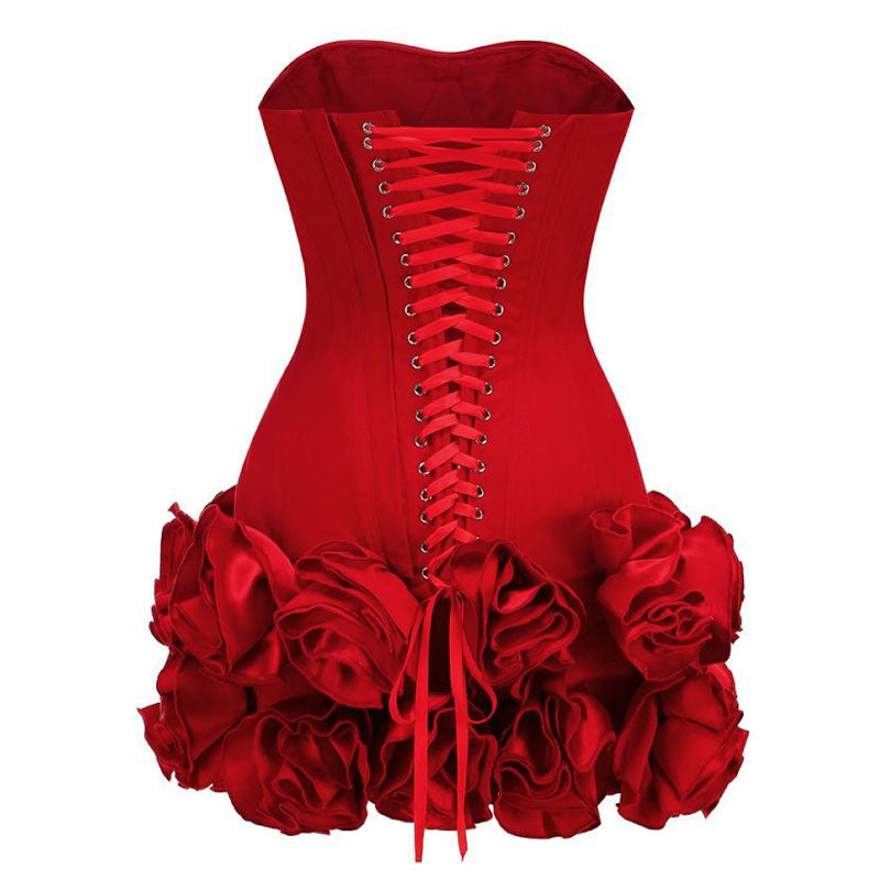 Sexy Balconette Strapless Lace Up Corset Drop Waist Rosette Micro Mini Dress