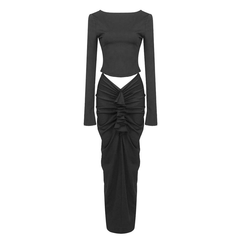 Sexy Boat Neck Crop Top Drop Waist Ruched Ruffle Maxi Skirt Matching Set