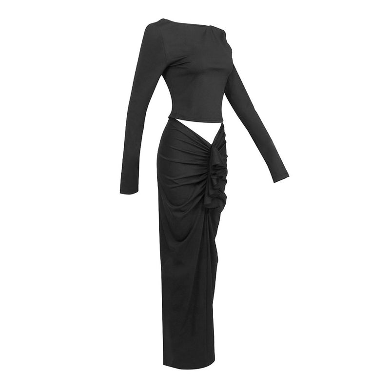 Sexy Boat Neck Crop Top Drop Waist Ruched Ruffle Maxi Skirt Matching Set