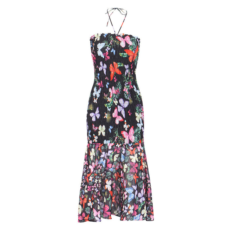 Sexy Butterfly Print Shirred Halter Neck Split Ruffle Vacation Midi Dress