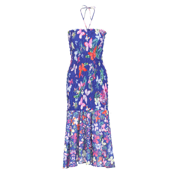 Sexy Butterfly Print Shirred Halter Neck Split Ruffle Vacation Midi Dress