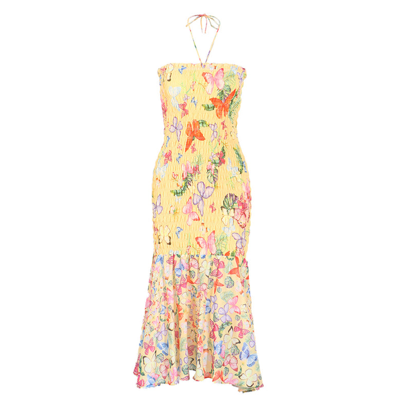 Sexy Butterfly Print Shirred Halter Neck Split Ruffle Vacation Midi Dress