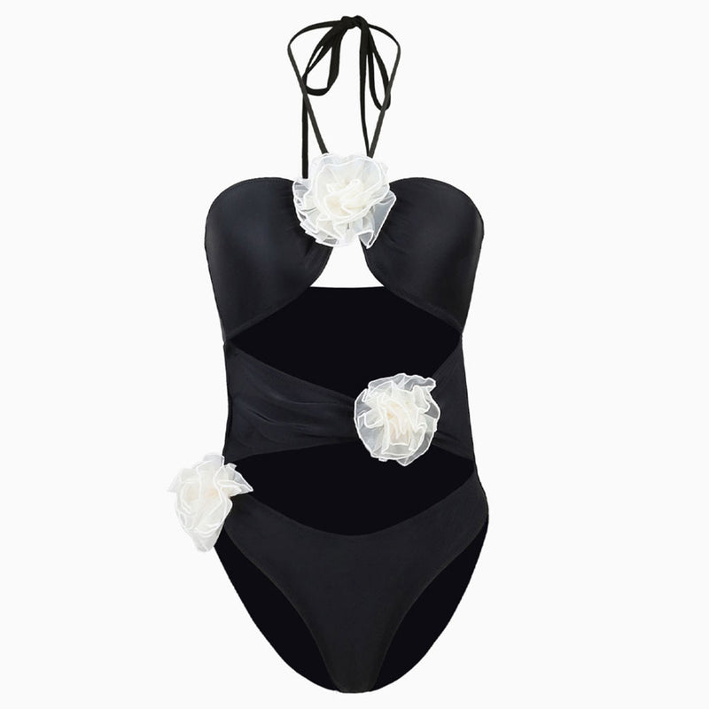 Sexy Contrast Rosette Moderate Bandeau Halter Cutout One Piece Swimsuit