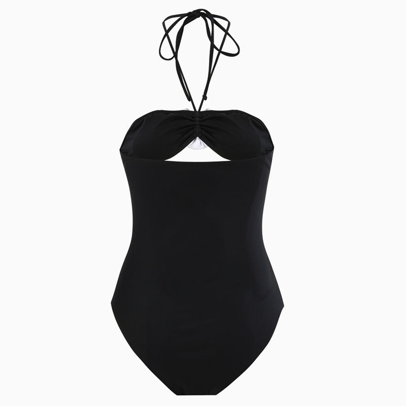 Sexy Contrast Rosette Moderate Bandeau Halter Cutout One Piece Swimsuit