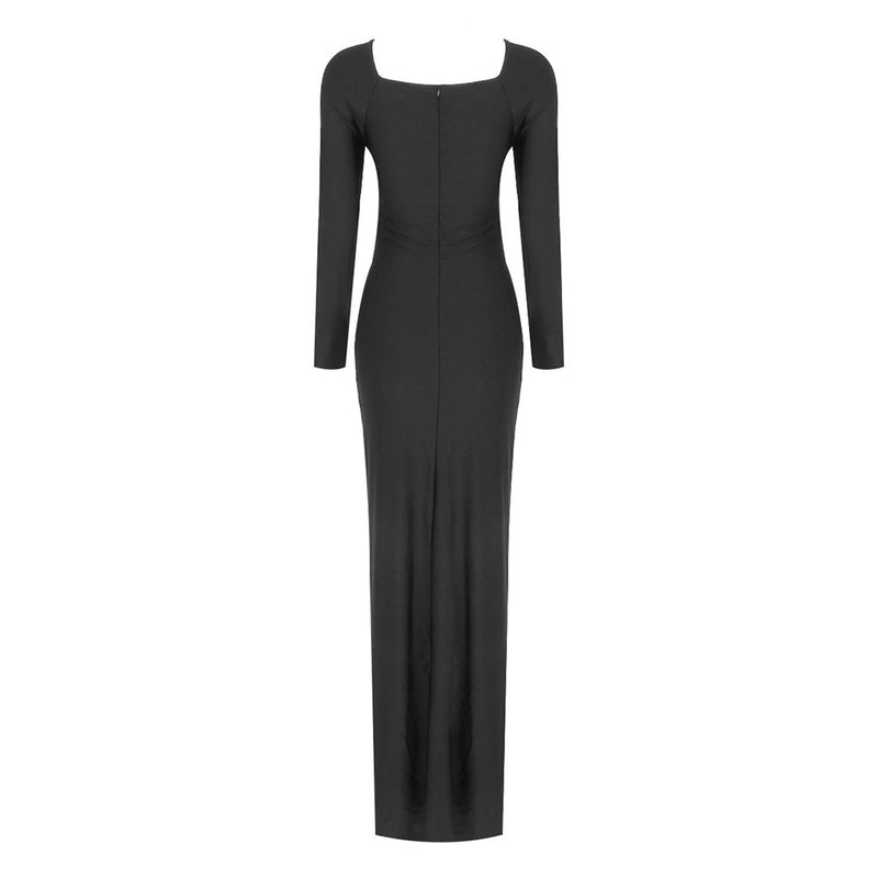 Sexy Crew Neck Knotted Twist Cutout Long Sleeve Thigh Split Maxi Evening Dress